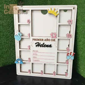 Cuadro Primer Año de Bebé Personalizado en Madera | Marco 12 Meses con Nombre