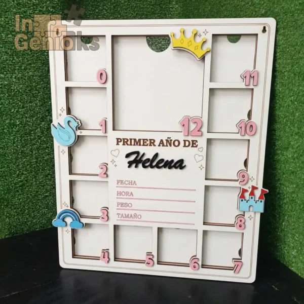 Cuadro Primer Año de Bebé Personalizado en Madera | Marco 12 Meses con Nombre